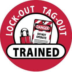 NMC - Lock-Out Tag-Out Trained, Hard Hat Label - Black & White on Red, 2" Thick, For Accident Prevention - Benchmark Tooling