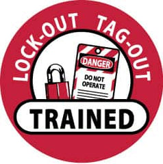 NMC - Lock-Out Tag-Out Trained, Hard Hat Label - Black & White on Red, 2" Thick, For Accident Prevention - Benchmark Tooling