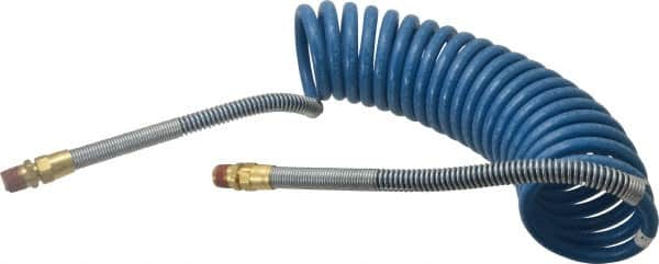 Parker - 3/8" ID, 1/2 x 1/2 Thread, 15' Long, Blue SAE J844 Type B Nylon Coiled & Self Storing Hose - 150 Max psi, Parker NTA Brass Fittings - Benchmark Tooling