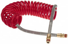 Parker - 3/8" ID, 1/2 x 1/2 Thread, 15' Long, Red SAE J844 Type B Nylon Coiled & Self Storing Hose - 150 Max psi, Parker NTA Brass Fittings - Benchmark Tooling