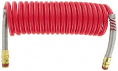 Parker - 3/8" ID, 1/2 x 1/2 Thread, 15' Long, Red SAE J844 Type B Nylon Coiled & Self Storing Hose - 150 Max psi, Parker NTA Brass Fittings - Benchmark Tooling