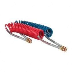 Parker - 3/8" ID, 1/2 x 1/2 Thread, 15' Long, (1) Red & (1) Blue SAE J844 Type B Nylon Coiled & Self Storing Hose - 150 Max psi, Parker NTA Brass Fittings - Benchmark Tooling