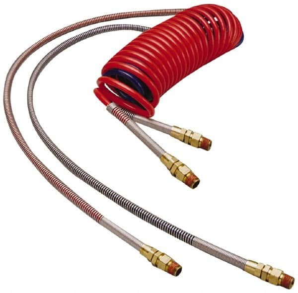 Parker - 3/8" ID, 1/2 x 1/2 Thread, 15' Long, (1) Red & (1) Blue SAE J844 Type B Nylon Coiled & Self Storing Hose - 150 Max psi, Parker NTA Brass Fittings - Benchmark Tooling