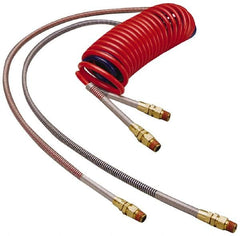 Parker - 3/8" ID, 1/2 x 1/2 Thread, 15' Long, (1) Red & (1) Blue SAE J844 Type B Nylon Coiled & Self Storing Hose - 150 Max psi, Parker NTA Brass Fittings - Benchmark Tooling