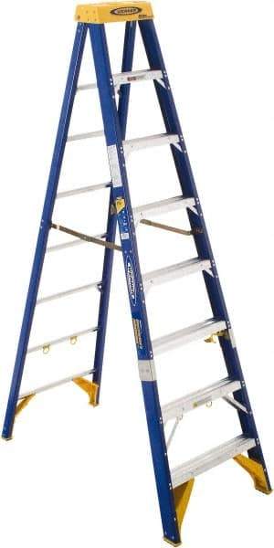 Werner - 8 Steps, 8' High, Type IAA Rating, Fiberglass Step Ladder - 375 Lb Load Capacity, 26-7/8" Base Width - Benchmark Tooling