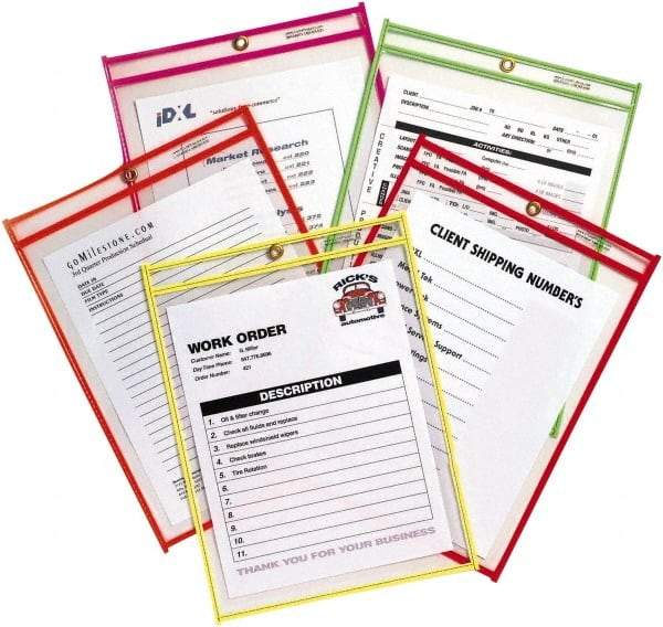 C-LINE - 25 Piece Neon Orange, Green, Red, Yellow & Pink Stitched Shop Ticket Holder - 12" High x 9" Wide - Benchmark Tooling