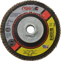 Camel Grinding Wheels - 36 Grit, 4-1/2" Disc Diam, 5/8-11 Center Hole, Type 27 Zirconia Alumina Flap Disc - 13,300 Max RPM, Poly Cotton Backing, Arbor Attaching System, Coated - Benchmark Tooling