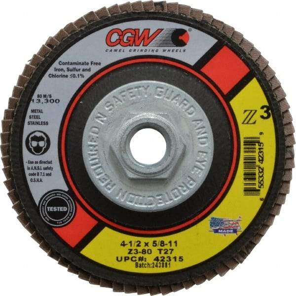 Camel Grinding Wheels - 80 Grit, 4-1/2" Disc Diam, 5/8-11 Center Hole, Type 27 Zirconia Alumina Flap Disc - 13,300 Max RPM, Poly Cotton Backing, Arbor Attaching System, Coated - Benchmark Tooling