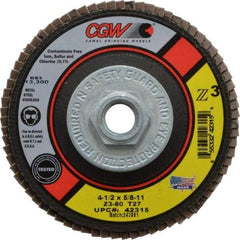 Camel Grinding Wheels - 80 Grit, 4-1/2" Disc Diam, 5/8-11 Center Hole, Type 27 Zirconia Alumina Flap Disc - 13,300 Max RPM, Poly Cotton Backing, Arbor Attaching System, Coated - Benchmark Tooling