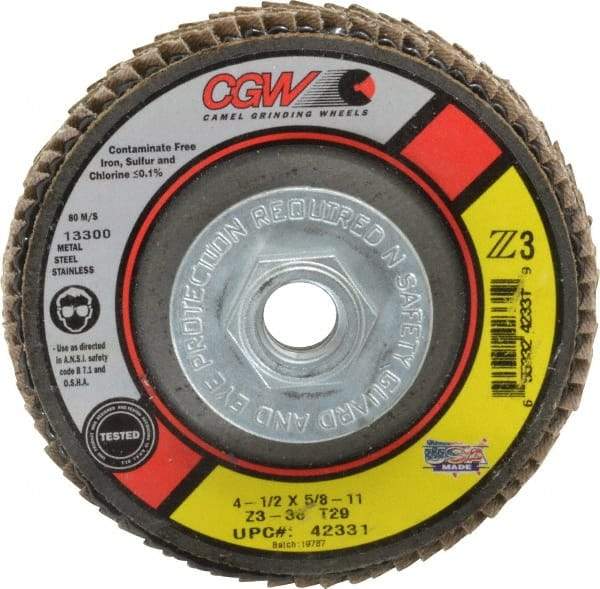 Camel Grinding Wheels - 36 Grit, 4-1/2" Disc Diam, 5/8-11 Center Hole, Type 29 Zirconia Alumina Flap Disc - 13,300 Max RPM, Poly Cotton Backing, Arbor Attaching System, Coated - Benchmark Tooling