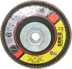 Camel Grinding Wheels - 60 Grit, 4-1/2" Disc Diam, 5/8-11 Center Hole, Type 29 Zirconia Alumina Flap Disc - 13,300 Max RPM, Poly Cotton Backing, Arbor Attaching System, Coated - Benchmark Tooling