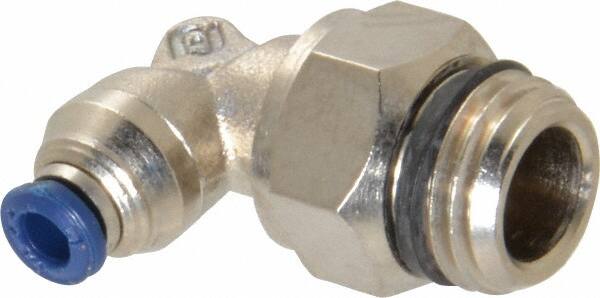 Alpha Technologies - 1/8" Outside Diam, 1/4 Universal Thread, Nickel Plated Brass Push-to-Connect Male Swivel Elbow - 250 Max psi, Tube to Universal Thread Connection, Buna O-Ring - Benchmark Tooling