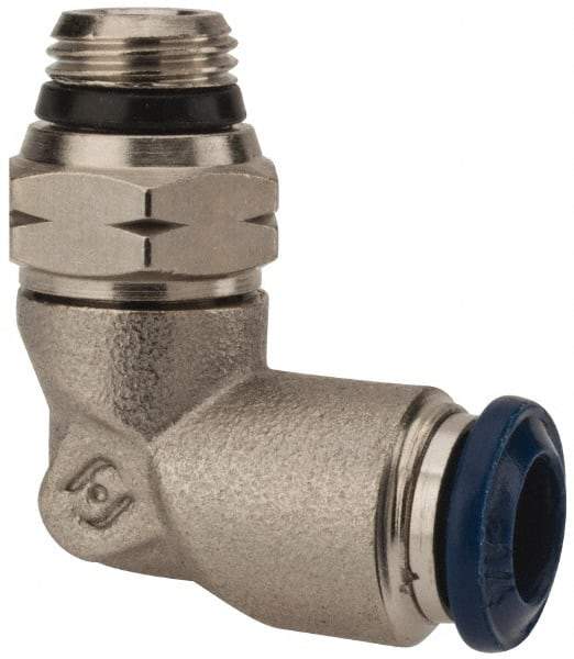 Alpha Technologies - 1/4" Outside Diam, 1/8 Universal Thread, Nickel Plated Brass Push-to-Connect Male Swivel Elbow - 250 Max psi, Tube to Universal Thread Connection, Buna O-Ring - Benchmark Tooling
