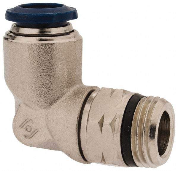 Alpha Technologies - 3/8" Outside Diam, 3/8 Universal Thread, Nickel Plated Brass Push-to-Connect Male Swivel Elbow - 250 Max psi, Tube to Universal Thread Connection, Buna O-Ring - Benchmark Tooling