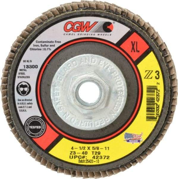 Camel Grinding Wheels - 40 Grit, 4-1/2" Disc Diam, 5/8-11 Center Hole, Type 29 Zirconia Alumina Flap Disc - 13,300 Max RPM, Poly Cotton Backing, Arbor Attaching System, Coated - Benchmark Tooling