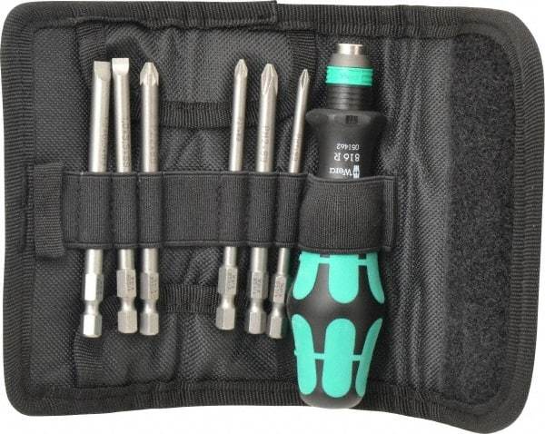 Wera - 7 Piece, 1/4" Drive Screwdriver Power Bit Set - #1 & #2 Phillips, #1 & #2 Pozidriv, 1.0x5.5 & 1.2x6.5mm Slotted - Benchmark Tooling