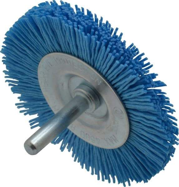 Value Collection - 3" OD, 1/4" Shank Diam, Crimped Nylon Wheel Brush - 1/4" Face Width, 5/16" Trim Length, 4,500 RPM - Benchmark Tooling