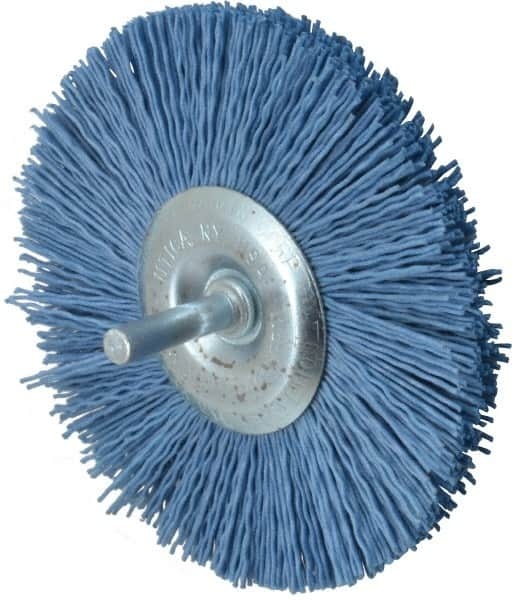 Value Collection - 4" OD, 1/4" Shank Diam, Crimped Nylon Wheel Brush - 1/4" Face Width, 5/16" Trim Length, 4,500 RPM - Benchmark Tooling