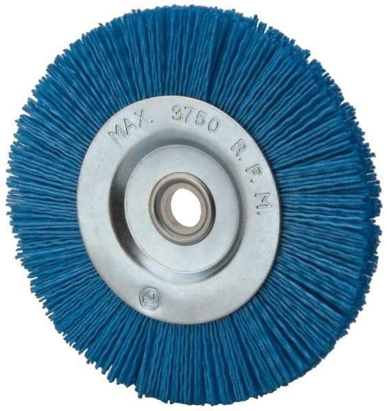 Value Collection - 5" OD, 5/8" Shank Diam, 5/8" Arbor Hole, Crimped Nylon Wheel Brush - 5/16" Face Width, 5/16" Trim Length, 3,750 RPM - Benchmark Tooling