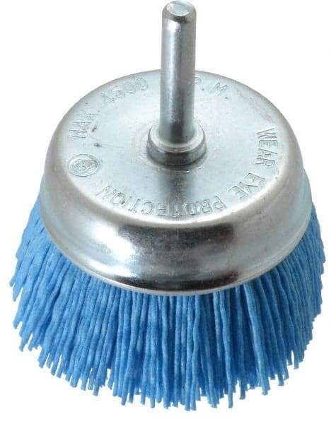 Value Collection - 3" Diam, 1/4" Hole Size Straight Wire Nylon Cup Brush - Fine Grade, 4,500 Max RPM - Benchmark Tooling