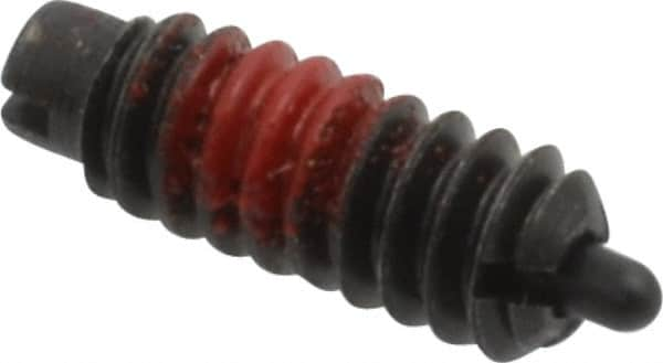 Jergens - 6-32, 3/8" Thread Length, 1/16" Plunger Projection, Steel Threaded Spring Plunger - 0.046" Max Plunger Diam, 3/8" Plunger Length, 0.5 Lb Init End Force, 3.5 Lb Final End Force - Benchmark Tooling