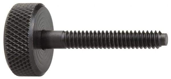 Jergens - #10-24 Knurled Shoulderless Dog Point Tip Grade 1215 Steel Thumb Screw - 1-5/16" OAL, 3/4" Head Diam x 5/16" Head Height, Black Oxide Finish - Benchmark Tooling