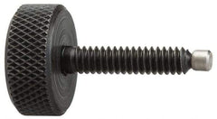 Jergens - 3/8-16 Knurled Shoulderless Swivel Pad Tip Grade 1215 Steel Thumb Screw - 2-7/16" OAL, 1-1/4" Head Diam x 7/16" Head Height, Black Oxide Finish - Benchmark Tooling