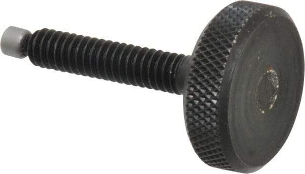 Jergens - 1/4-20 Knurled Shoulderless Swivel Pad Tip Grade 1215 Steel Thumb Screw - 1-13/16" OAL, 1" Head Diam x 5/16" Head Height, Black Oxide Finish - Benchmark Tooling