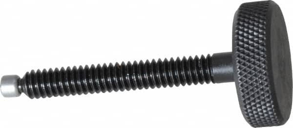 Jergens - 1/4-20 Knurled Shoulderless Swivel Pad Tip Grade 1215 Steel Thumb Screw - 2-5/16" OAL, 1" Head Diam x 5/16" Head Height, Black Oxide Finish - Benchmark Tooling