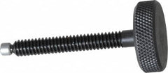 Jergens - 1/4-20 Knurled Shoulderless Swivel Pad Tip Grade 1215 Steel Thumb Screw - 2-5/16" OAL, 1" Head Diam x 5/16" Head Height, Black Oxide Finish - Benchmark Tooling
