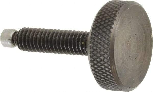 Jergens - 5/16-18 Knurled Shoulderless Swivel Pad Tip Grade 1215 Steel Thumb Screw - 1-7/8" OAL, 1-1/8" Head Diam x 3/8" Head Height, Black Oxide Finish - Benchmark Tooling