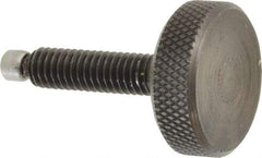 Jergens - 5/16-18 Knurled Shoulderless Swivel Pad Tip Grade 1215 Steel Thumb Screw - 1-7/8" OAL, 1-1/8" Head Diam x 3/8" Head Height, Black Oxide Finish - Benchmark Tooling