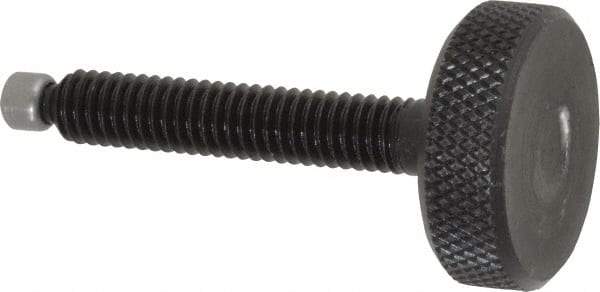 Jergens - 5/16-18 Knurled Shoulderless Swivel Pad Tip Grade 1215 Steel Thumb Screw - 2-3/8" OAL, 1-1/8" Head Diam x 3/8" Head Height, Black Oxide Finish - Benchmark Tooling