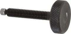 Jergens - 5/16-18 Knurled Shoulderless Swivel Pad Tip Grade 1215 Steel Thumb Screw - 2-3/8" OAL, 1-1/8" Head Diam x 3/8" Head Height, Black Oxide Finish - Benchmark Tooling