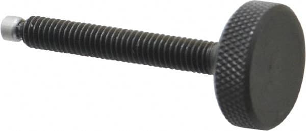Jergens - 5/16-18 Knurled Shoulderless Swivel Pad Tip Grade 1215 Steel Thumb Screw - 2-7/8" OAL, 1-1/8" Head Diam x 3/8" Head Height, Black Oxide Finish - Benchmark Tooling