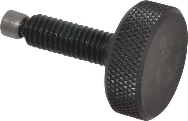 Jergens - 3/8-16 Knurled Shoulderless Swivel Pad Tip Grade 1215 Steel Thumb Screw - 1-15/16" OAL, 1-1/4" Head Diam x 7/16" Head Height, Black Oxide Finish - Benchmark Tooling