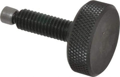 Jergens - 3/8-16 Knurled Shoulderless Swivel Pad Tip Grade 1215 Steel Thumb Screw - 1-15/16" OAL, 1-1/4" Head Diam x 7/16" Head Height, Black Oxide Finish - Benchmark Tooling