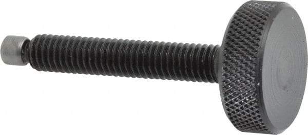 Jergens - 3/8-16 Knurled Shoulderless Swivel Pad Tip Grade 1215 Steel Thumb Screw - 2-15/16" OAL, 1-1/4" Head Diam x 7/16" Head Height, Black Oxide Finish - Benchmark Tooling