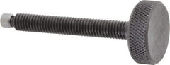 Jergens - 3/8-16 Knurled Shoulderless Swivel Pad Tip Grade 1215 Steel Thumb Screw - 3-7/16" OAL, 1-1/4" Head Diam x 7/16" Head Height, Black Oxide Finish - Benchmark Tooling