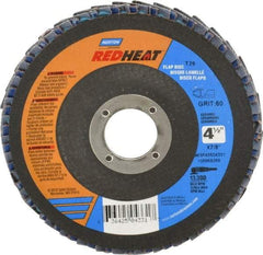 Norton - 60 Grit, 4-1/2" Disc Diam, 7/8" Center Hole, Type 29 Ceramic Flap Disc - 13,000 Max RPM, Fiberglass Backing, Arbor Attaching System, Coated - Benchmark Tooling