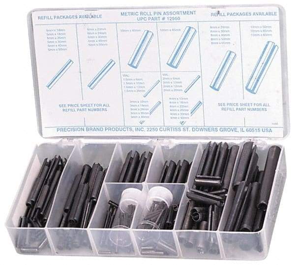 Precision Brand - 287 Piece, 1.5 to 10mm Pin Diam, Spring Pin Assortment - 1.5 to 80mm Long, Steel - Benchmark Tooling