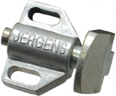 Jergens - 15/16" Body Width x 11/16" Body Len, 1/8" Stroke Len, 21/32" Btw Mt Hole Ctrs, Tang Square Spring Locating Stop - 10 Lb Mid End Force, 5/8" Stop Head Width x 7/8" Stop Head Height - Benchmark Tooling