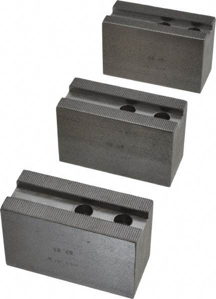 H & R Manufacturing - 1.5mm x 60° Serrated Attachment, Square Soft Lathe Chuck Jaw - 3 Jaws, Steel, 1.181" Btw Mount Hole Ctrs, 4" Long x 1-3/4" Wide x 2-1/2" High, 0.63" Groove, 12mm Fastener - Benchmark Tooling