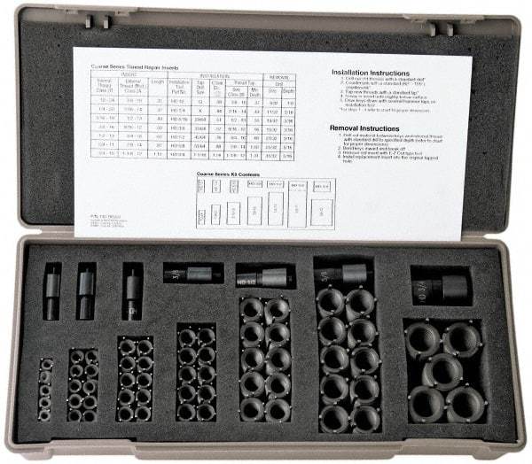 Jergens - 81 Inserts, #10-24 - 1/2-13 Internal Thread, #10-24, 1/4-20, 5/16-18, 3/8-16, 7/16-14, 1/2-13 UNC, Carbon Steel, Thread Repair Kit - 0.31, 0.37, 0.43, 0.5, 0.56, 0.62" Insert Length, Includes Installation Tool - Exact Industrial Supply