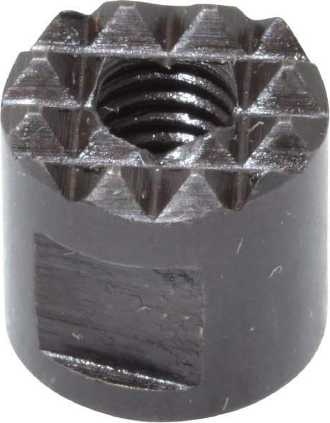 Fairlane - 10-32 Thread, 3/8" Diam, 3/8" High, Threaded, Extra Fine Tooth Grade Diamond Serration Tooth Pattern, High Speed Steel, Round Positioning Gripper - 3/16" Flat Width, Black Oxide Coated - Benchmark Tooling