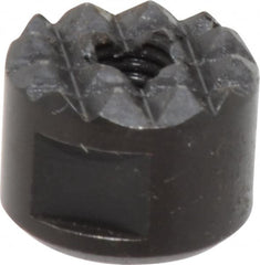 Fairlane - 10-32 Thread, 1/2" Diam, 3/8" High, Threaded, Fine Tooth Grade Diamond Serration Tooth Pattern, High Speed Steel, Round Positioning Gripper - 3/16" Flat Width, Black Oxide Coated - Benchmark Tooling