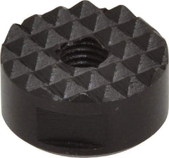 Fairlane - 1/4-28 Thread, 3/4" Diam, 3/8" High, Threaded, Fine Tooth Grade Diamond Serration Tooth Pattern, High Speed Steel, Round Positioning Gripper - 3/16" Flat Width, Black Oxide Coated - Benchmark Tooling