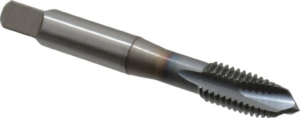 OSG - M10x1.50 Metric Coarse, 3 Flute, TiCN Finish, Vanadium High Speed Steel Spiral Point Tap - Plug Chamfer, Right Hand Thread, 2-15/16" OAL, 1-1/4" Thread Length, 0.381" Shank Diam, 6H Class of Fit - Exact Industrial Supply