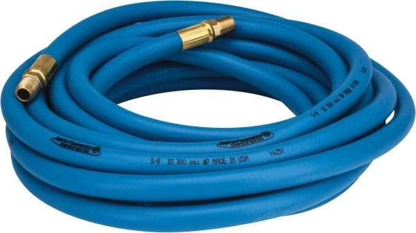 PRO-SOURCE - 3/8" ID x 19/32" OD 25' Long Multipurpose Air Hose - MNPT x MNPT Ends, 300 Working psi, 23 to 150°F, 1/4" Fitting, Blue - Benchmark Tooling