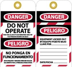 NMC - 3" High x 6" Long, DANGER - DO NOT OPERATE - EQUIPMENT TAG-OUT, English & Spanish Safety & Facility Lockout Tag - Tag Header: Danger, 2 Sides, Black, Red & White Unrippable Vinyl - Benchmark Tooling